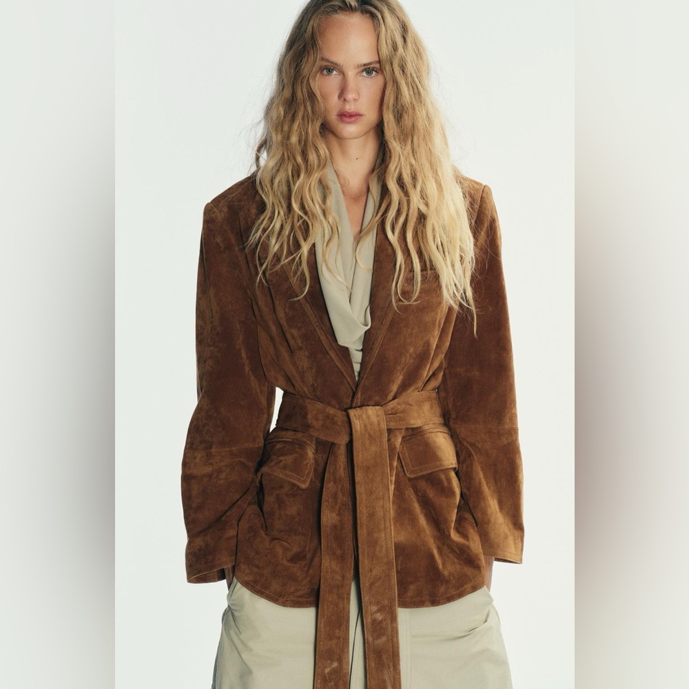 Zara Brown Suede Belted Coat - Picture 1 of 16